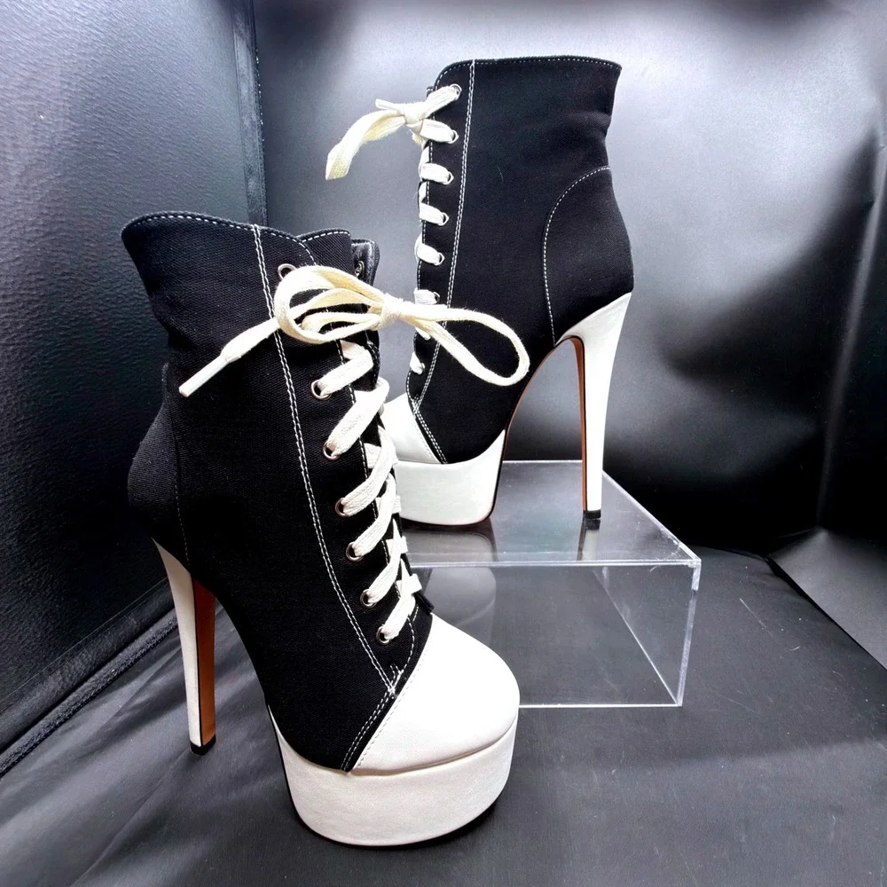 Black Canvas Lace Up Platform Stiletto Ankle Sneaker White Contrast Stitch Sz 36